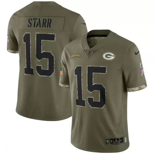 Green Bay Packers Bart Starr 2022 Salute To Service Retired Limited Edition Jersey - Olive | Shop Now